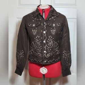 Carole Little Brown Silk Jacket With Black and Beige Emroidered Design